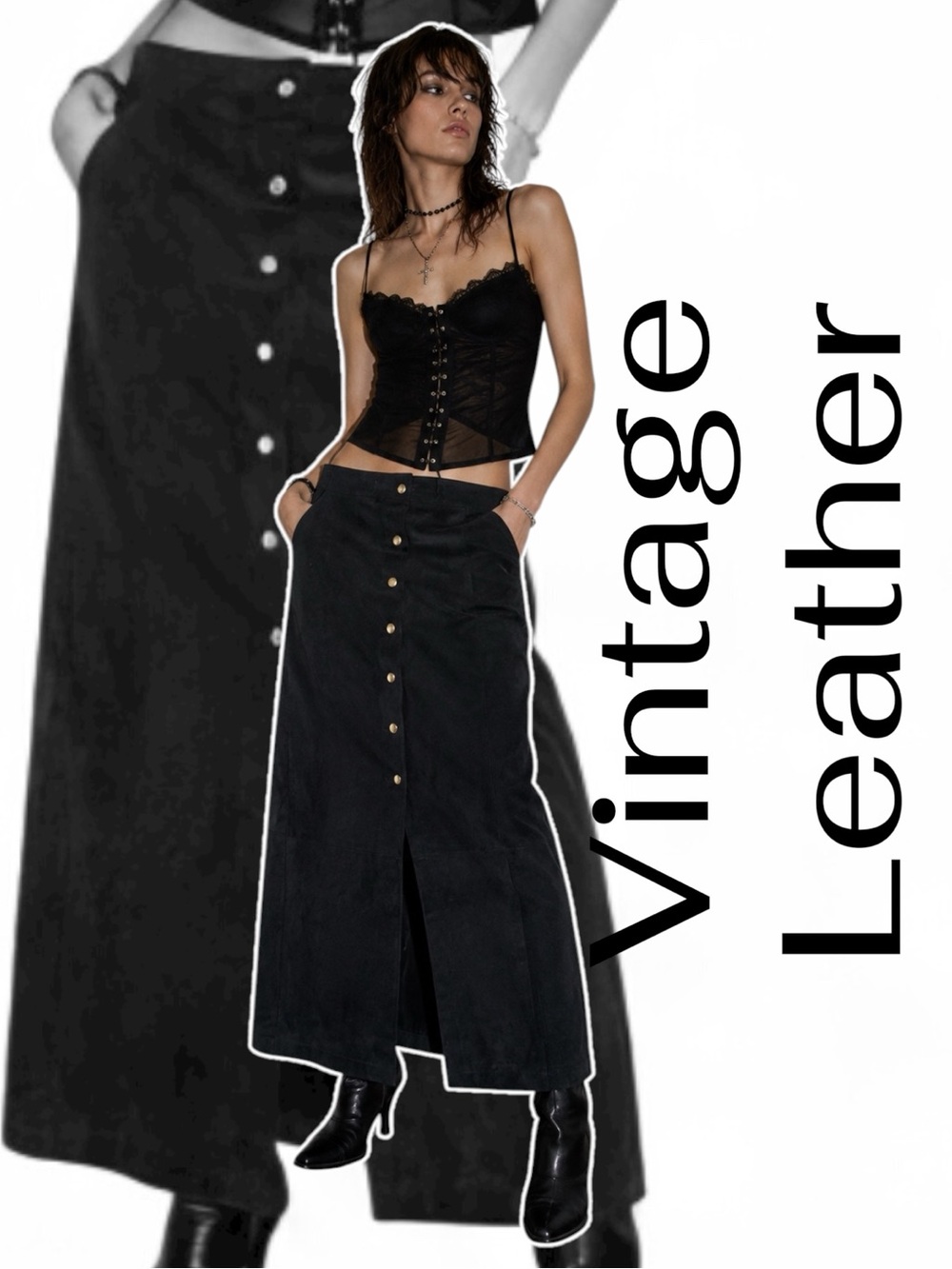 🇨🇦 Vintage 90s Black Long Maxi Midi Leather Suede Skirt Button Front